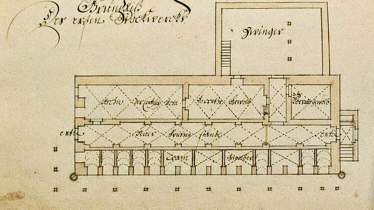 Dieser Plan zeigt Grundriss des ersten Stockwerks zum Kanzleigebäude am Markt, das Johann Casimir durch Peter Sengelaub errichten ließ.