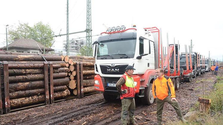 Nach der Holzverladung diskutieren Tobias Wicklein (links), Geschäftsführer der Waldbesitzervereinigung Rothenkirchen-Kronach, und Peter Hagemann, Leiter des Forstbetriebes Rothenkirchen, Bayerische Staatsforsten, miteinander. Foto: Karl-Heinz Hofmann