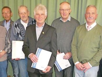 Ehrungen beim VdK-Ortsverband Meeder (von links): Bürgermeister Bernd Höfer, Harry Weiß, Lothar Silzer, Helmut Kräußlich, Hubertus Klett, Heinz Rauscher, Vorsitzender Bernd Oehme und Kreisvorsitzende Susann Biedefeld  Foto: Karin Günther