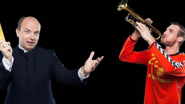 Kunst trifft Sport: Coburgs Generalmusikdirektor Roland Kluttig und HSC-Torwart Oliver Krechel werben für die Handball-Sinfonie in der Coburger Arena.Foto: Sebastian Buff
