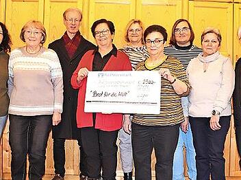 Der Mitwitzer Strickkreis bei der Spendenübergabe: (von links) Marion Kestel, Grete Bauernsachs, Pfarrer Burkhard Sachs, Waltraud Butz, Marion Feulner, Inge Wagner, Heike Fischer, Gudrun Holzheimer, Marianne Holzheimer