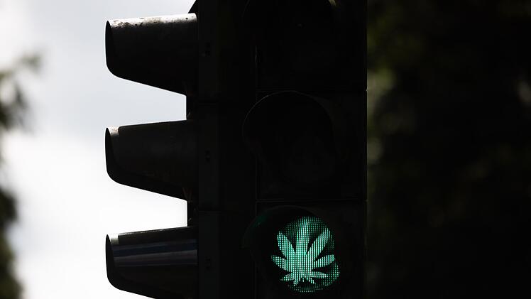 Cannabis-Blatt auf Ampel