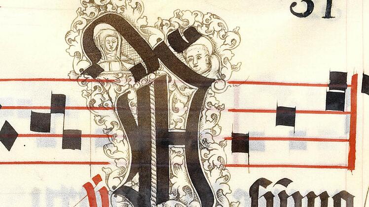 In diesem Initial könnte sich Illuminator Franziskus selbst (rechts) und seine Auftraggeberin, Äbtissin Katharina Sensenschmid, verewigt haben. Foto: Staatsbibliothek Bamberg/Gerald Raab