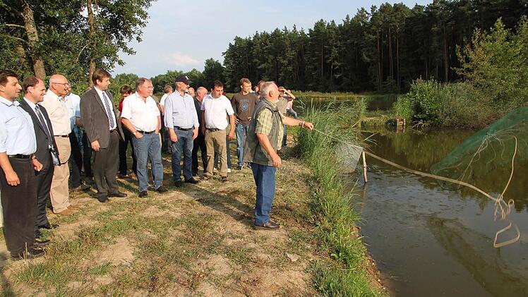 Teichwirt Michael Lindenberger wirft das Netz aus. Seine ersten Versuche sind nicht von Erfolg gekrönt, es zappelt kein Karpfen im Fangnetz. Foto: Georg Kratz