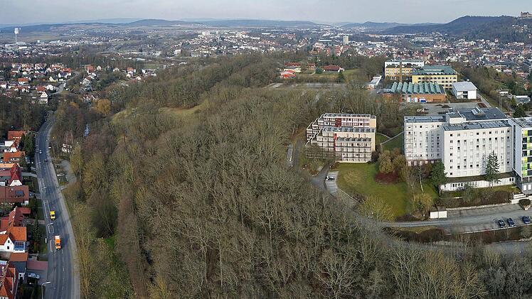 Auf dem Berg liegt der Hochschulcampus mit dem Parkplatz. Die Zufahrt vom Kürengrund aus (links) lehnte der Stadtrat ab. Alternativen, etwa die Zufahrt links an den Studenten-Wohnheimen (die Gebäude im Vordergrund) vorbei, stießen dagegen bisher auf den Widerstand des Hochschulpräsidenten Michael Pötzl. Foto: Volkmar Franke / www.hochbild-design.de