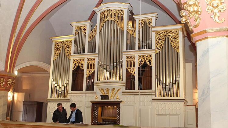 n einigen Fenstern der Orgel sind die Pfeifen schon ausgebaut. Davor reden Orgelbauer Heinemann und der Neustadter Kantor Heunisch.
