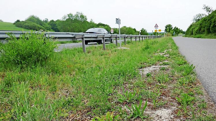 Das Bankett an der B 22 wird zum Forschungslabor. Die Schilder markieren die verschiedenen Test-Abschnitte. Foto: Hans Kurz