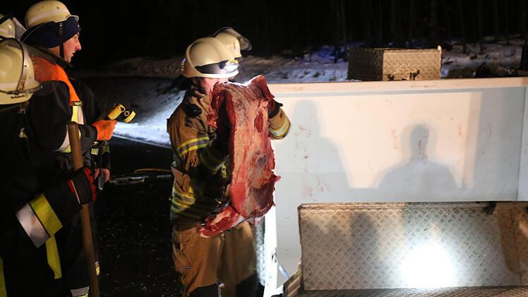 Bei einem Unfall im Landkreis Hof ist ein Anhänger mit Schweinehälften umgekippt. Foto: NEWS5 / Fricke