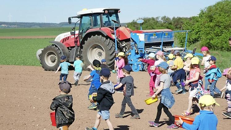 Mit Eifer waren die Mädchen und Buben des Königsberger Kindergartens mit von der Partie, als es darum ging, eine Blühwiese bei Unfinden anzusäen. Foto: Susanne Kettler