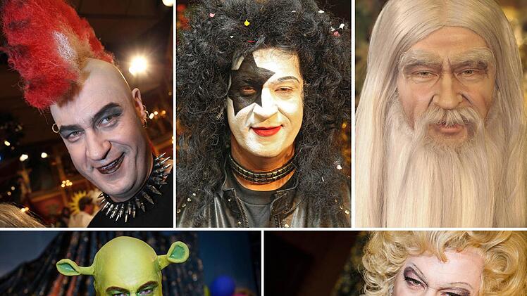 Die Bildkombo aus Archivbildern und einem aktuellen Foto zeigt den bayerischen Finanzminister Markus Söder (CSU) in Veitshöchheim (Unterfranken) bei Prunksitzung des Fränkischen Fastnachtsverband der «Fastnacht in Franken» - als Punk am 10.02.2012, als Musiker der Band Kiss am 25.02.2011, als Zauberer Gandalf aus «Herr der Ringe» am 05.02.2010 (oben, l-r) sowie als «Shrek der tollkühne Held» am 21.02.2014 und als Marilyn Monroe am 01.02.2013 (unten, l-r). Foto: David Ebener/Karl-Josef Hildenb...