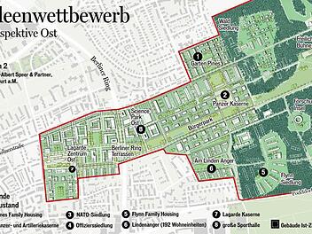 Der Plan der Architekten "Albert Speer und Partner" aus Frankfurt. Er sieht eine verdichtete Bebauung im Bereich der Lagarde-Kaserne vor, die über einen Bürgerpark mit "Waldinseln" im Hauptsmoorwald verbunden ist.