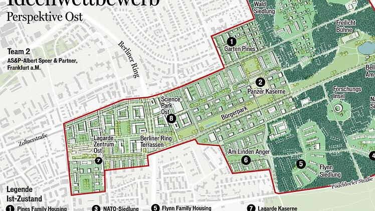 Der Plan der Architekten "Albert Speer und Partner" aus Frankfurt. Er sieht eine verdichtete Bebauung im Bereich der Lagarde-Kaserne vor, die über einen Bürgerpark mit "Waldinseln" im Hauptsmoorwald verbunden ist.