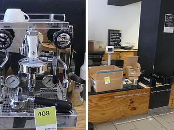 Eine Siebträgerkaffemaschine (links) und die Verkaufstheke des "ZeroHero"-Unverpacktladens (rechts).