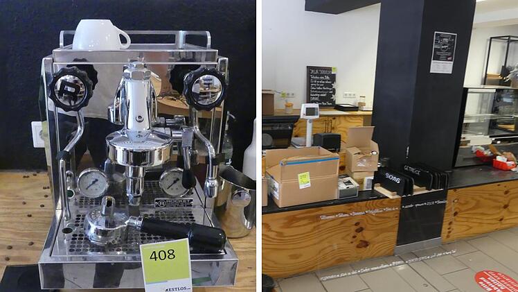 Eine Siebträgerkaffemaschine (links) und die Verkaufstheke des "ZeroHero"-Unverpacktladens (rechts).