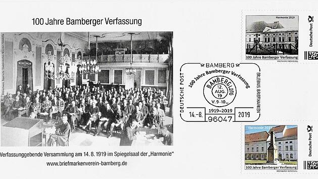 Briefmarken, Sonderstempel und Sonderumschlag w&uuml;rdigen 100 Jahre "Bamberger Verfassung". Foto: p