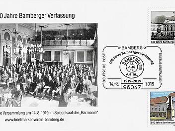 Briefmarken, Sonderstempel und Sonderumschlag w&uuml;rdigen 100 Jahre "Bamberger Verfassung". Foto: p