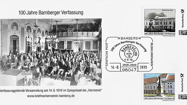 Briefmarken, Sonderstempel und Sonderumschlag w&uuml;rdigen 100 Jahre "Bamberger Verfassung". Foto: p