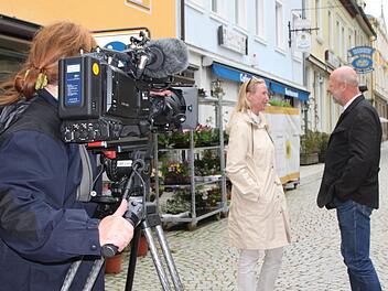 Kämpft für Erdkabel: Hans-Josef Fell spricht mit Sabine Frühbuss. Die Journalistin drehte für die Sendung "Unkraut" in Bad Brückenau. Foto: Ulrike Müller