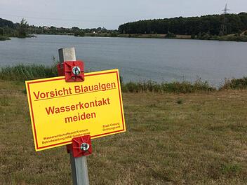Ein Schild warnt am Goldbergsee vor dem Kontakt mit dem durch Blaualgen belasteten Wasser.Oliver Schmidt