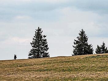 Zwei Wanderer gehen in der Gemarkung Oberelsbach im Biosphärenreservat Lange Rhön entlang. Oberelsbach ist eine von sieben Kommunen, die beim Pilotprojekt "Landschaftsplanung in Bayern - kommunal und innovativ".