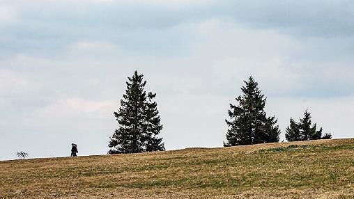 Zwei Wanderer gehen in der Gemarkung Oberelsbach im Biosphärenreservat Lange Rhön entlang. Oberelsbach ist eine von sieben Kommunen, die beim Pilotprojekt "Landschaftsplanung in Bayern - kommunal und innovativ".