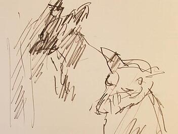 Hanspeter Heußel und Robert Reiter: Hoch aufgerichtet den schwarzen Leib und die / ragenden Ohren, / die Pfoten am Boden gestemmt; / so sitzt der Hund gedankenverloren. / Groß steht sein Schattenbild auf bräunlich schimmernder Wand.  Fotos: Carolin Herrmann