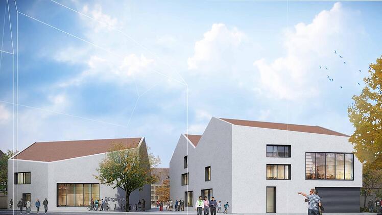So sollen B&uuml;rgerzentrum und Stadtbibliothek aussehen, rechts ist die Einfahrt zur Tiefgarage  Grafik: Auer und Weber