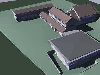 Der Entwurf zeigt den Neubau der Turnhalle an die bestehende Grundschule in Wildflecken. Die neue Turnhalle ist in dem 3-D-Modell im Vordergrund zu sehen. Grafik: Architekturbüro Messerschmitt