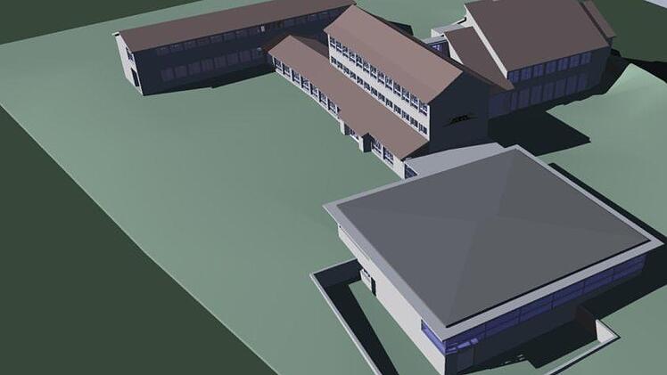 Der Entwurf zeigt den Neubau der Turnhalle an die bestehende Grundschule in Wildflecken. Die neue Turnhalle ist in dem 3-D-Modell im Vordergrund zu sehen. Grafik: Architekturbüro Messerschmitt