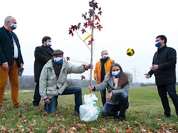 Tore werfen für den Umweltschutz: das wollen die Handballer des HC Bamberg. Die HC-Verantwortlichen Dirk van Elk, Kolja Kneuer, Peter Breidenbach und Gundhelsheims Bürgermeister Jonas Merzbacher (hinten von links) freuen sich über das neue Projekt. Vorne von links: Herwig Patzelt von der Baumschule "Patzelt" und Jeanette Frank vom Landschaftsbau "Galarosa". Foto: Matthias Hoch