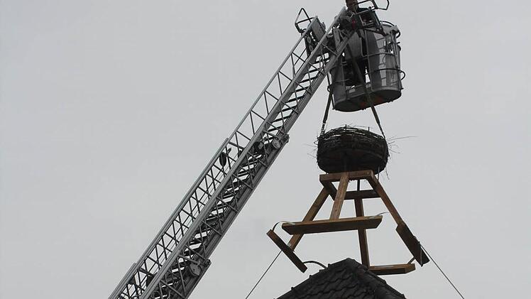 Mithilfe der Drehleiter der Feuerwehr Bad Rodach wurde das Storchennest auf den Schlauchturm gehievt. Foto: Carsten Höllein