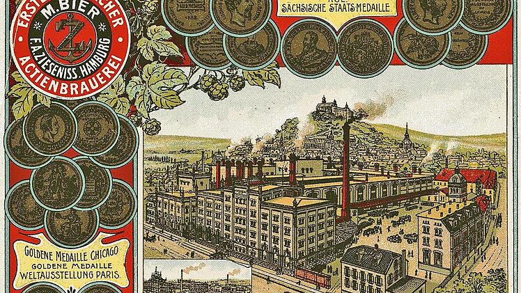 Die Firma F. A. Zieseniss, Hamburg, exportierte EKU-Bier in alle Welt und schuf dafür ein Etikett, das die Brauerei und die Stadt Kulmbach zeigt. Repros: Helmut Geiger