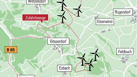Der geplante Windpark Rugendorf mit sieben Windrädern. Die drei Anlagen auf der Fichtichhöhe bei Grafendobrach bekommen nur eine eingeschränkte Genehmigung. Grafik: Michael Beetz