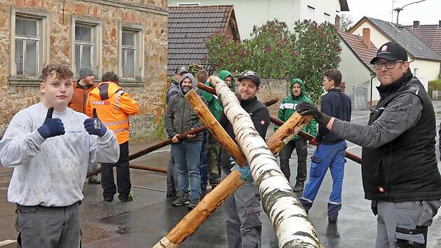 Mit viel Manpower stellte der Feuerwehr-Stammtisch am Samstag den Maibaum in Steinsfeld auf.