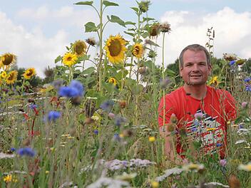 Es ist angerichtet: Unterleichtersbachs Tim Kleinhenz hat für seine Bienen Blumen angesät. Er meint, jeder kann und sollte helfen, dass die Bienen keinen Hunger leiden müssen. Foto: Carmen Schmitt