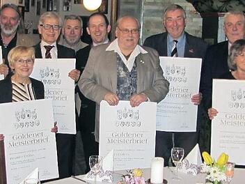 Ein Dutzend langjährige und engagierte Handwerksmeister aus dem Coburger Land wurde am Donnerstag von der Handwerkskammer für Oberfranken und der Kreishandwerkerschaft Coburg mit den Goldenen Meisterbriefen geehrt. Foto: Martin Koch