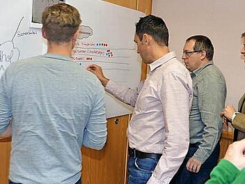 Nach dem Planungsspaziergang durch Weißenbrunn gab es in der "Dorfwerkstatt" viel an den großen Flip-Charts zu schreiben, um alle Stärken und Schwächen des Ortes festzuhalten. Foto: K.- H. Hofmann