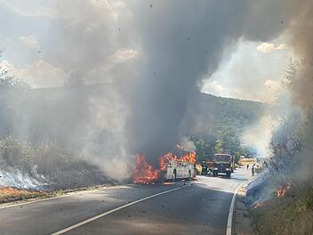 In wenigen Sekunden stand der Schulbus in Flammen. Das Feuer schlug auch auf die umgebenden Büsche über.