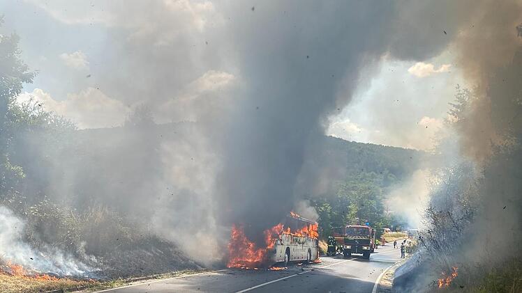 In wenigen Sekunden stand der Schulbus in Flammen. Das Feuer schlug auch auf die umgebenden Büsche über.