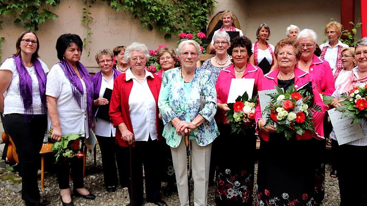 Die Geehrten: 2. Vorsitzende Ramona Kerschbaum, Ehrenvorsitzende Anni Ruß, 1. Vorsitzende Bärbel Corazza, Gruppenvorsitzende Sängergruppe Höchstadt und Aurachtal Emilie Meier (halb verdeckt), Hilde Roß, Gunda Paulus, Rosina Zenkel, Christiane Brenner, Katharina Paulus, Irmgard Reimann, Sieglinde Lamprecht, Babette Kerschbaum  Foto: Johanna Blum