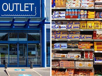 Ein blaues Outlet-Gebäude und ein Regal voll mit Backspezialitäten der Marke Bahlsen, darunter Kekse und Süßwaren.