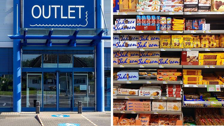 Ein blaues Outlet-Gebäude und ein Regal voll mit Backspezialitäten der Marke Bahlsen, darunter Kekse und Süßwaren.