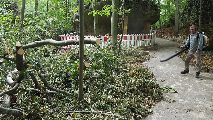 Der Sturm "Fabienne" hat im Felsengarten viele Bäume niedergerissen. Das Team der Schloss- und Gartenverwaltung ist seit zehn Tagen damit beschäftigt, die Schäden zu beseitigen. Fotos: Alexander Hartmann
