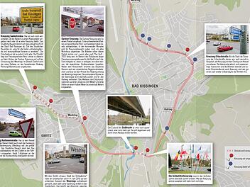 Auf dem Bad Kissinger Stadtring plant das Staatliche Bauamt Schweinfurt mehrere Millionen-Projekte. Quelle: Openstreetmap-Verantwortliche Grafik: Micho Haller