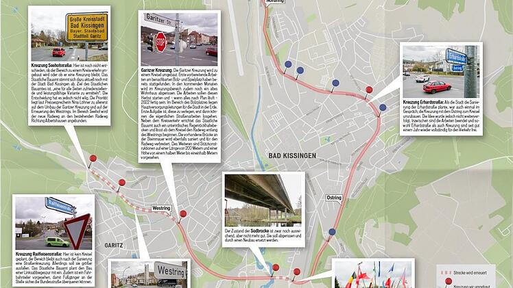 Auf dem Bad Kissinger Stadtring plant das Staatliche Bauamt Schweinfurt mehrere Millionen-Projekte. Quelle: Openstreetmap-Verantwortliche Grafik: Micho Haller