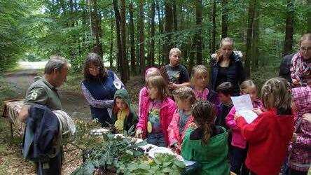 Johanna liest den Stationsauftrag, während Wolfang, Laureen und Mia schonmal die Baumfrüchte und Zweige versuchen zu erkennen. Foto: Simone Berge