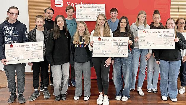 Die Gewinnerteams bei der Siegerehrung des „Planspiels Börse“: 1. „Team SCFM“ (Mitte vorne), 2. Team „Wiener Schnitzel“ mit Lehrkraft (Mitte hinten), 3. Team Daxulus (r.) sowie das Team „Börse25“ (l.), das den Nachhaltigkeitspreis gewann, mit der ...