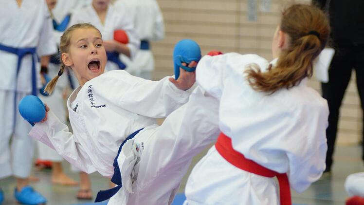 Die Forchheimerin Livia Lowry (li.) mit perfektem Karateschlag "Mawashi Geri" zum Kopf der Gegnerin Nina Lifinzew aus Marktredwitz.  Fotos: privat