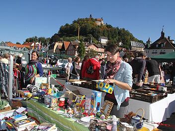Traumwetter für einen Trödeltag - das fand auch Corinna Wagner, die mit ihrem Stand auf dem Riesen-Flohmarkt auf dem Zentralparkplatz vertreten war und sich wie die anderen Verkäufer über zahlreiche Kunden freute. Fotos: Sonja Adam