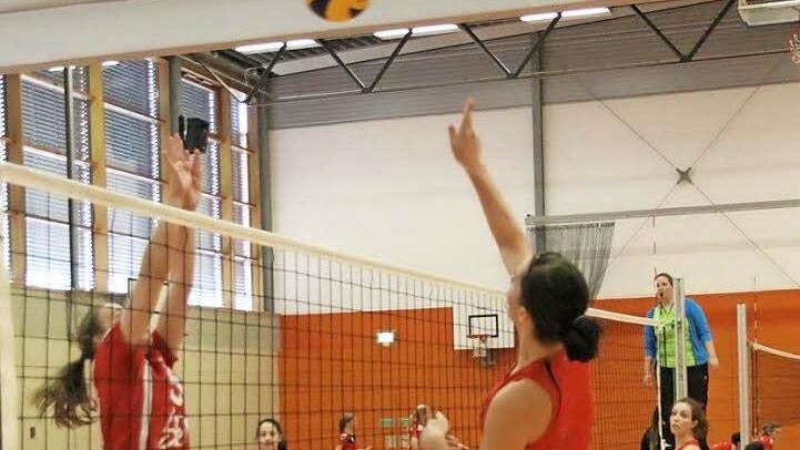 Die DJK (beim Schmettern Marlene Roppelt) im Gruppenspiel gegen den BSV Bayreuth IV.  Foto: Erlwein